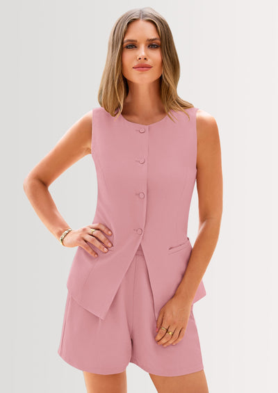 Osonn Two Piece Sets Button Down Suit Vest Tops High Waisted Shorts Business Casual Outfits