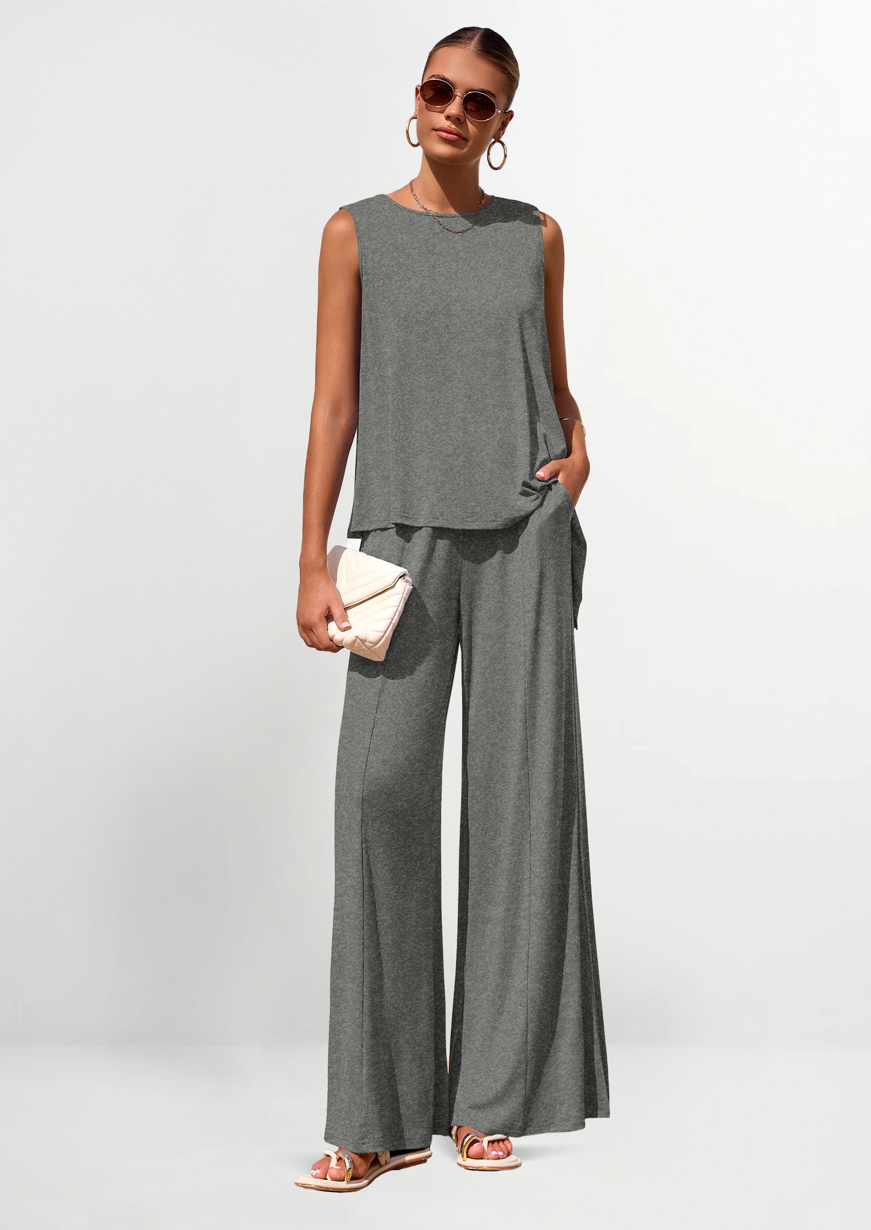 Osonn Women's Two Piece Matching Lounge Sets Asymmetrical Split Tank Tops Wide Leg Pants Summer Outfits Tracksuit
