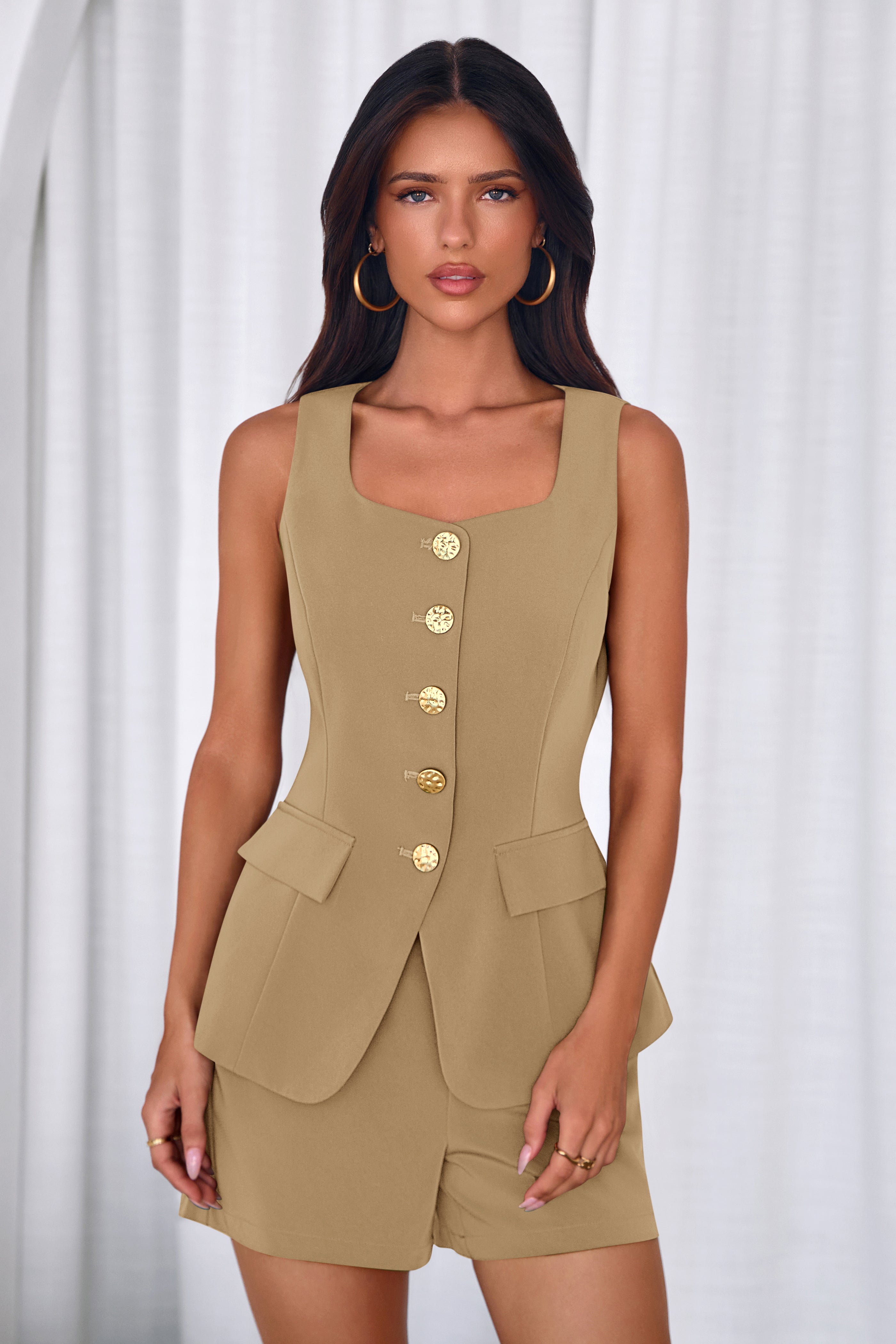 Osonn Womens 2 Piece Matching Sets Fashion Button Down Suit Vest Tops Shorts Set Spring Business Casual Outfits