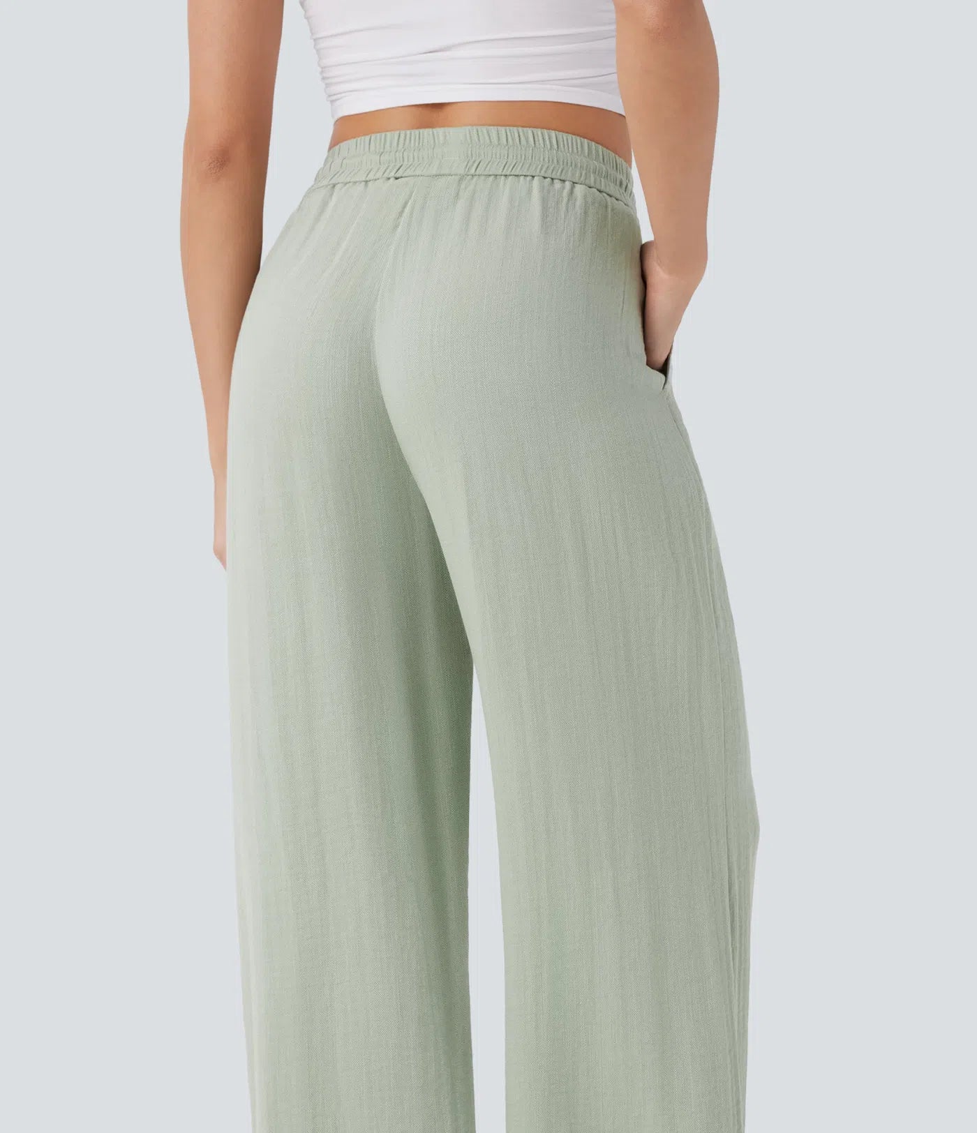 High Waisted Drawstring Pocket Wide Leg Casual Linen-Feel Pants