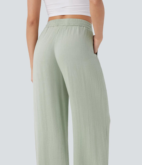 High Waisted Drawstring Pocket Wide Leg Casual Linen-Feel Pants