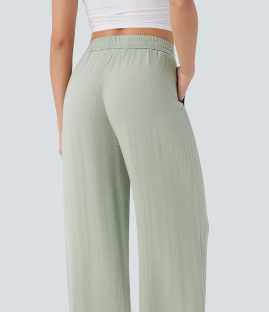 High Waisted Drawstring Pocket Wide Leg Casual Linen-Feel Pants