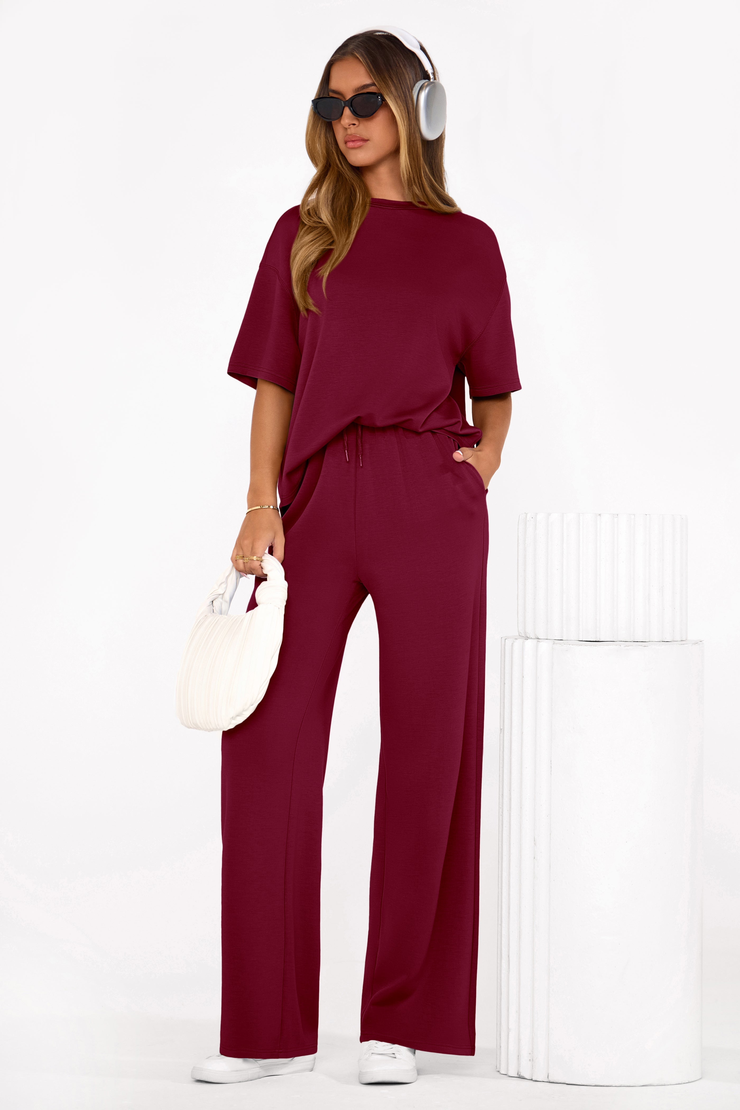 Osonn Women's Summer 2 Piece Lounge Set Short Sleeve Tops Wide Leg Pants Spring Vacation Travel Outfits Clothes