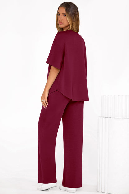 Osonn Women's Summer 2 Piece Lounge Set Short Sleeve Tops Wide Leg Pants Spring Vacation Travel Outfits Clothes