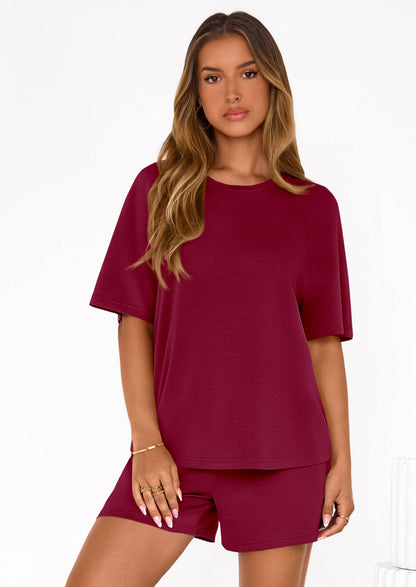 Osonn Women's 2 Piece Lounge Sets Short Sleeve Shirts Casual Tops Shorts Matching Clothing Summer Airport Outfits