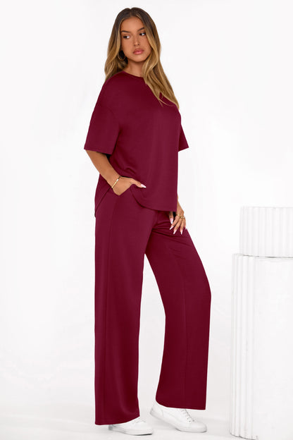 Osonn Women's Summer 2 Piece Lounge Set Short Sleeve Tops Wide Leg Pants Spring Vacation Travel Outfits Clothes