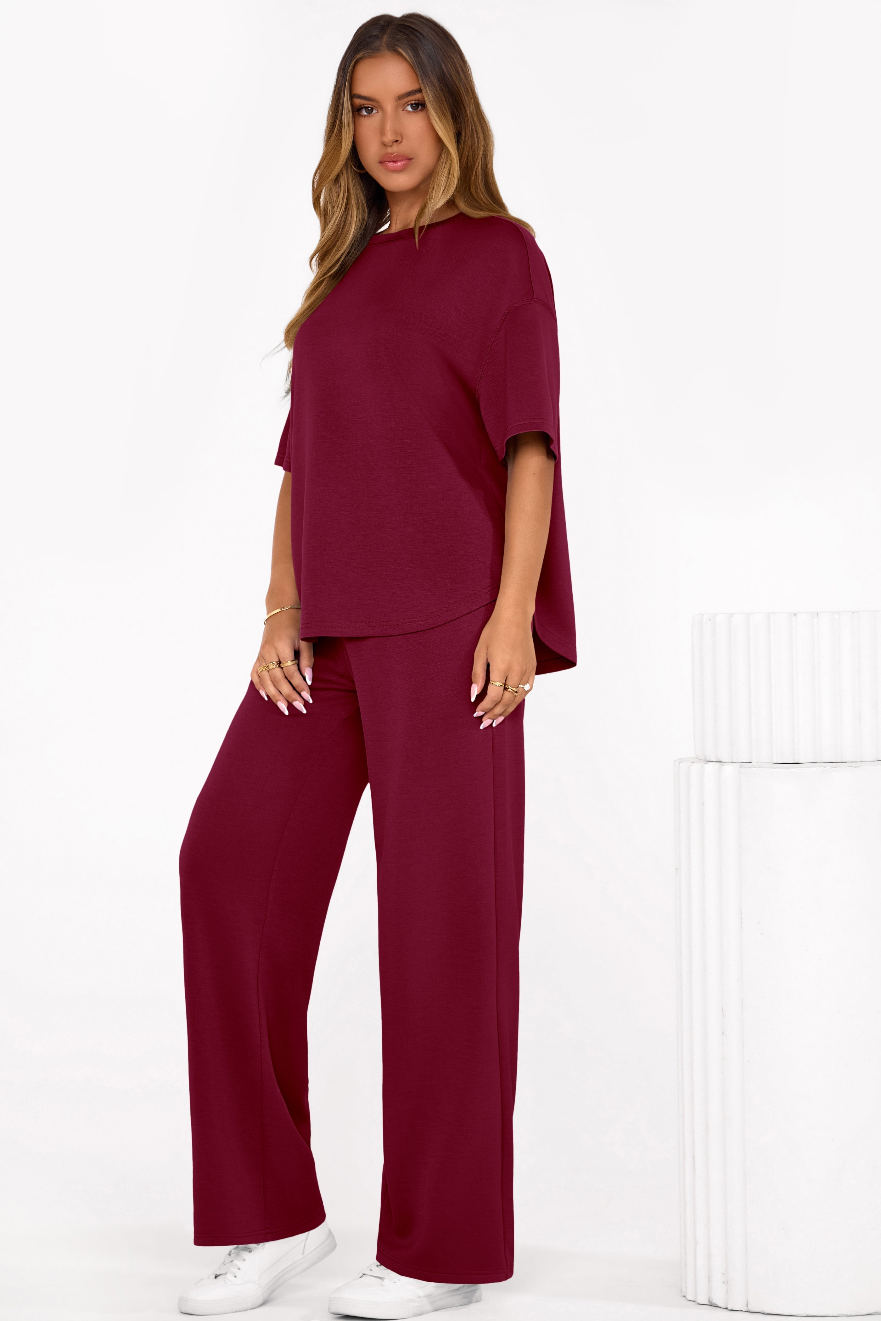 Osonn Women's Summer 2 Piece Lounge Set Short Sleeve Tops Wide Leg Pants Spring Vacation Travel Outfits Clothes