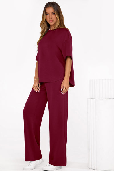 Osonn Women's Summer 2 Piece Lounge Set Short Sleeve Tops Wide Leg Pants Spring Vacation Travel Outfits Clothes