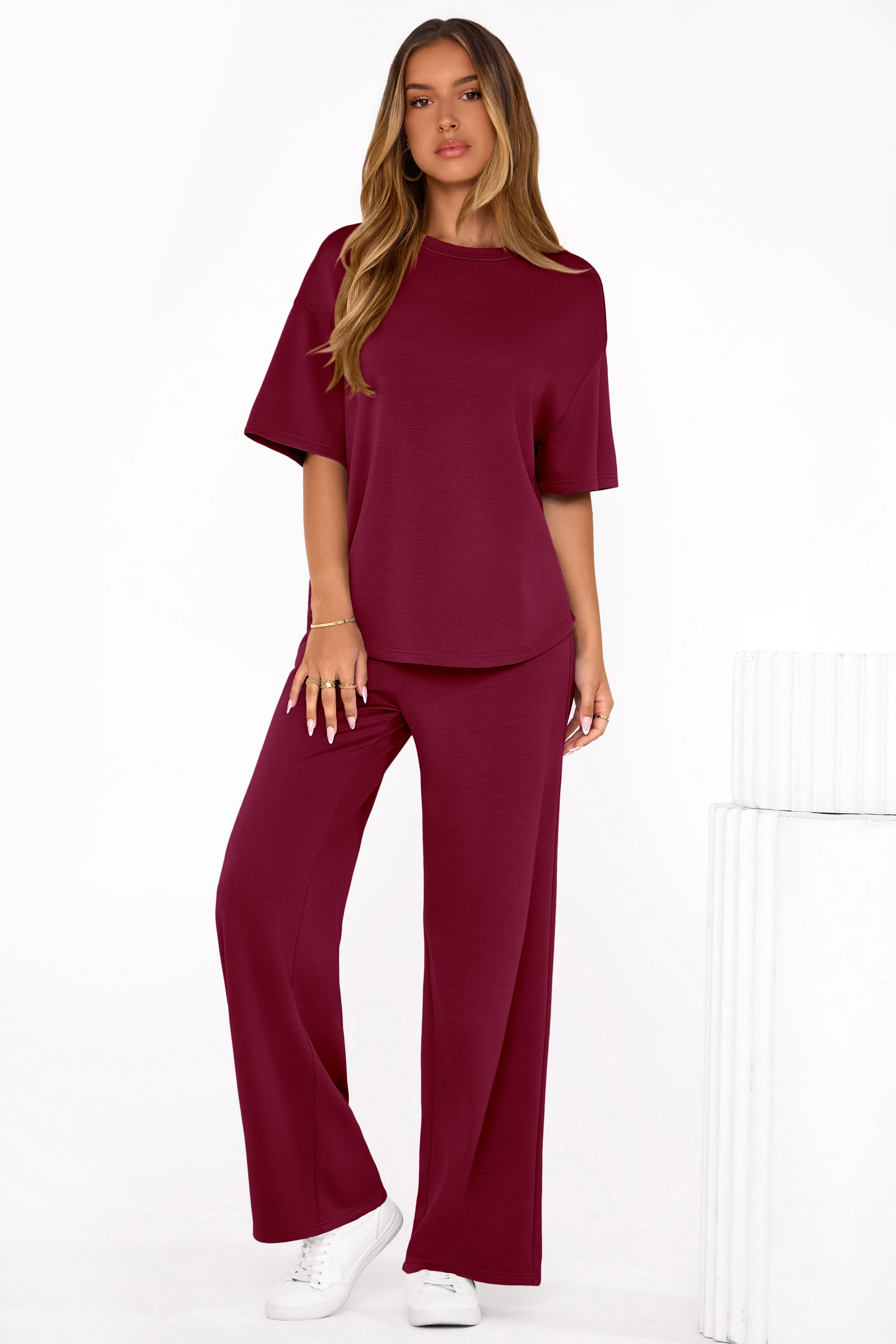 Osonn Women's Summer 2 Piece Lounge Set Short Sleeve Tops Wide Leg Pants Spring Vacation Travel Outfits Clothes