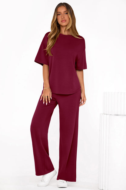 Osonn Women's Summer 2 Piece Lounge Set Short Sleeve Tops Wide Leg Pants Spring Vacation Travel Outfits Clothes