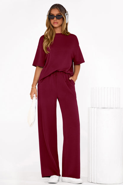 Osonn Women's Summer 2 Piece Lounge Set Short Sleeve Tops Wide Leg Pants Spring Vacation Travel Outfits Clothes