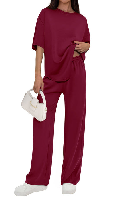 Osonn Women's Summer 2 Piece Lounge Set Short Sleeve Tops Wide Leg Pants Spring Vacation Travel Outfits Clothes