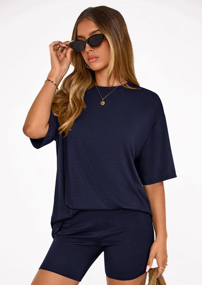 Osonn Women's Two Piece Matching Lounge Sets Summer Casual Tops Short Sleeve Shirts Shorts Travel Airport Outfits
