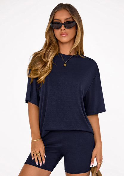 Osonn Women's Two Piece Matching Lounge Sets Summer Casual Tops Short Sleeve Shirts Shorts Travel Airport Outfits