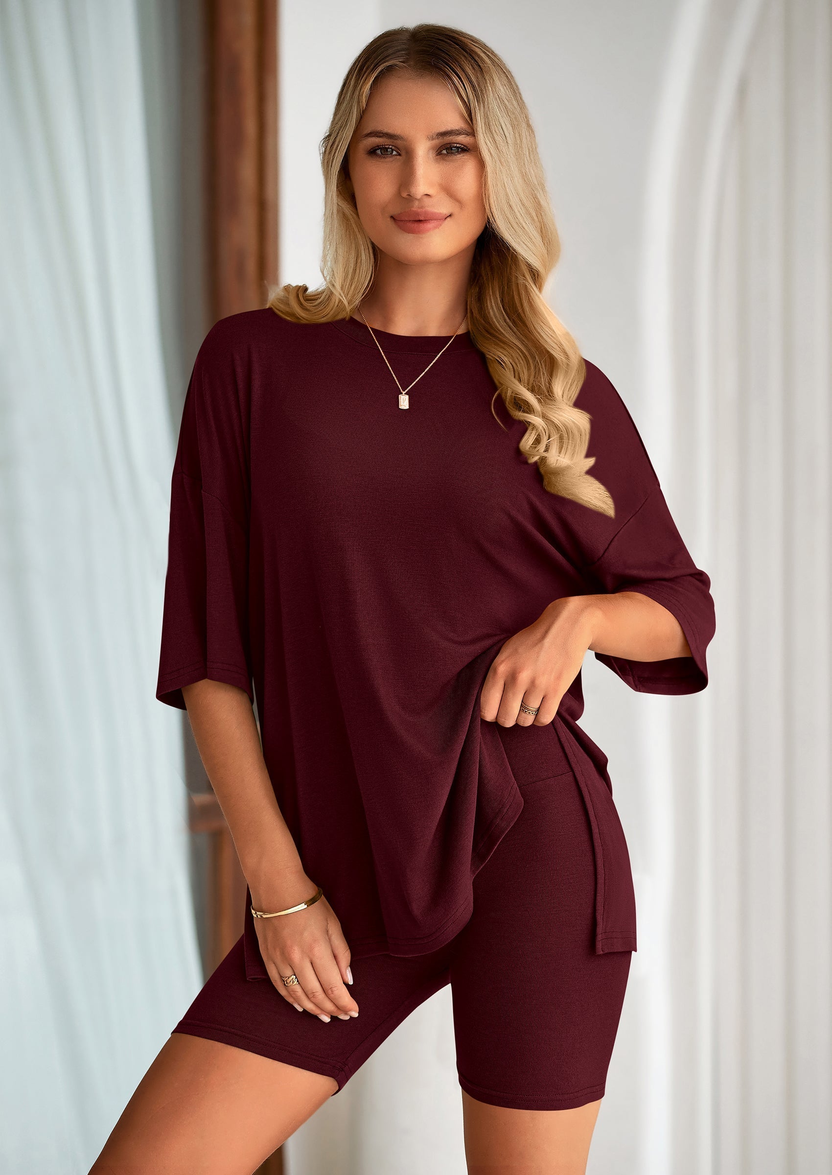Osonn Women's Two Piece Lounge Set Summer Casual Oversized Shirts Biker Shorts Matching Airport Travel Outfit