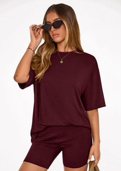 Osonn Women's Two Piece Matching Lounge Sets Summer Casual Tops Short Sleeve Shirts Shorts Travel Airport Outfits