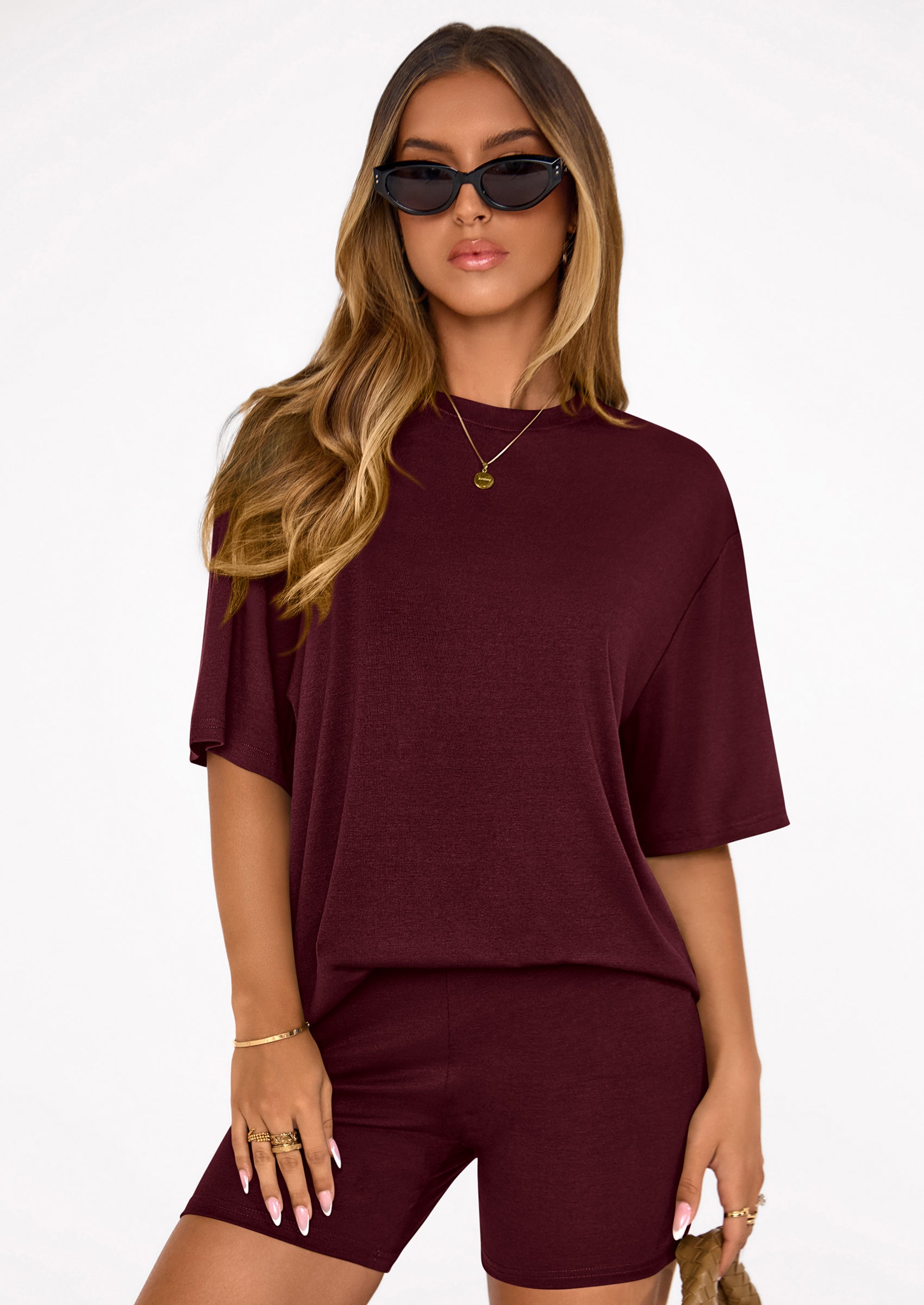 Osonn Women's Two Piece Matching Lounge Sets Summer Casual Tops Short Sleeve Shirts Shorts Travel Airport Outfits