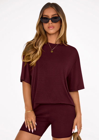 Osonn Women's Two Piece Matching Lounge Sets Summer Casual Tops Short Sleeve Shirts Shorts Travel Airport Outfits