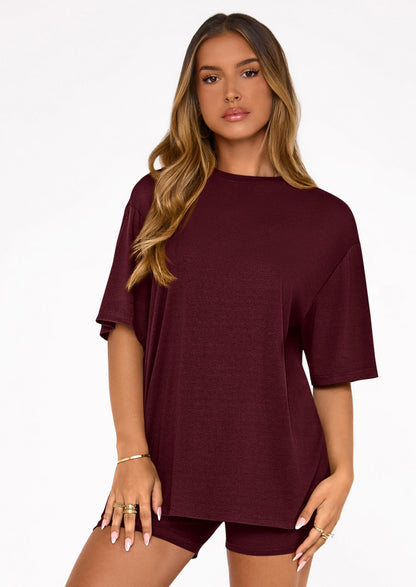 Osonn Women's Two Piece Matching Lounge Sets Summer Casual Tops Short Sleeve Shirts Shorts Travel Airport Outfits