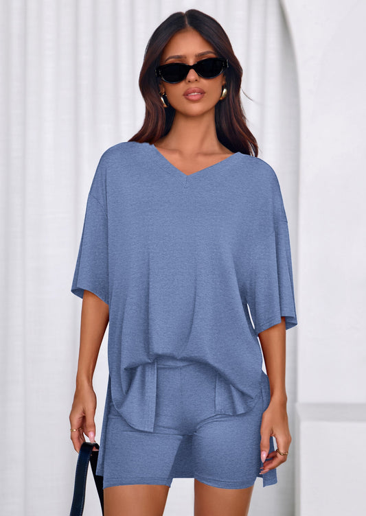 Osonn 2 Piece Sets for Women Summer Lounge Short Set Spring Matching Biker Shorts V Neck Oversized Shirt Clothing