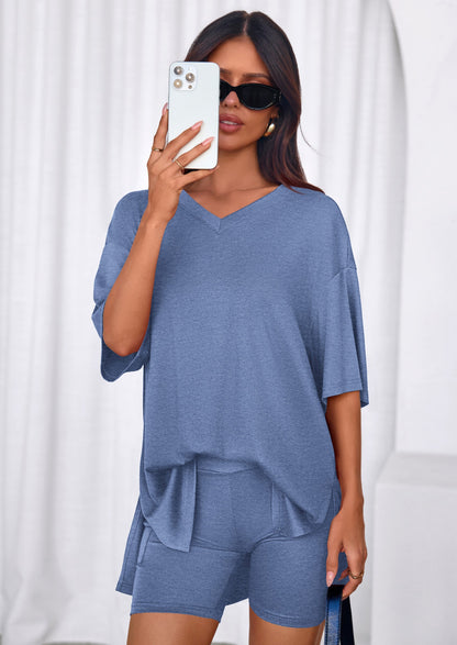Osonn 2 Piece Sets for Women Summer Lounge Short Set Spring Matching Biker Shorts V Neck Oversized Shirt Clothing