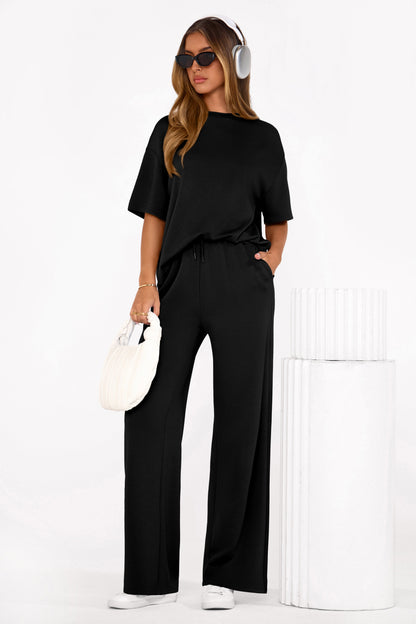 Osonn Women's Summer 2 Piece Lounge Set Short Sleeve Tops Wide Leg Pants Spring Vacation Travel Outfits Clothes