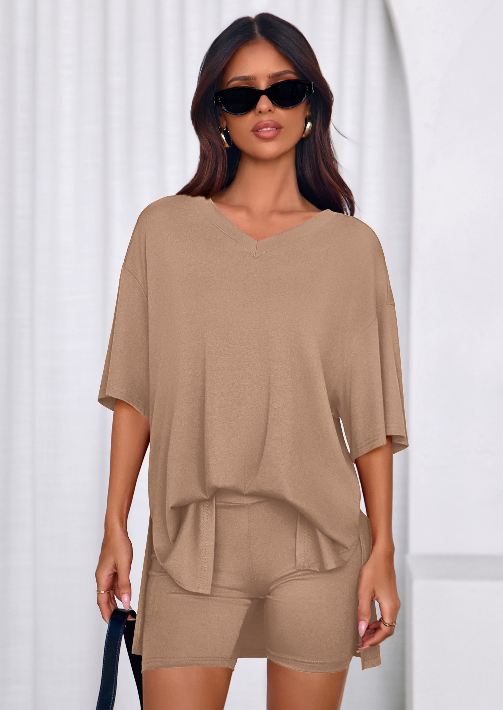 Osonn 2 Piece Sets for Women Summer Lounge Short Set Spring Matching Biker Shorts V Neck Oversized Shirt Clothing