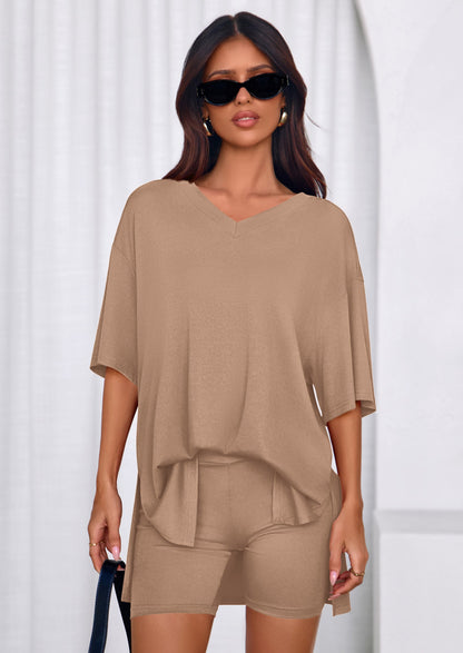 Osonn 2 Piece Sets for Women Summer Lounge Short Set Spring Matching Biker Shorts V Neck Oversized Shirt Clothing
