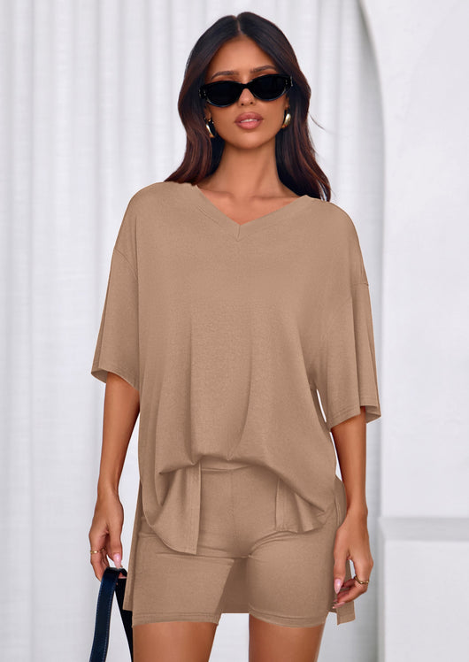 Osonn 2 Piece Sets for Women Summer Lounge Short Set Spring Matching Biker Shorts V Neck Oversized Shirt Clothing