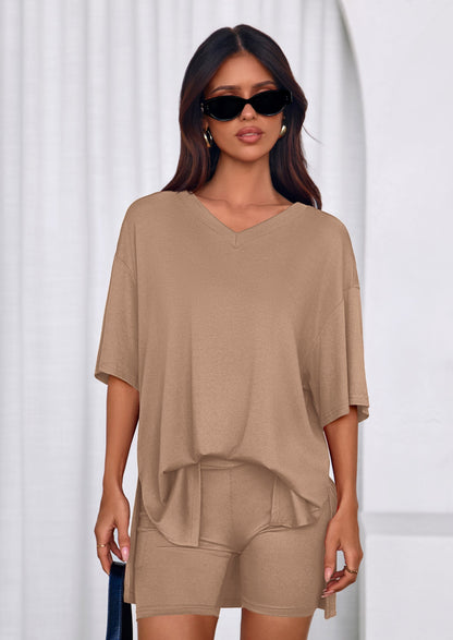 Osonn 2 Piece Sets for Women Summer Lounge Short Set Spring Matching Biker Shorts V Neck Oversized Shirt Clothing