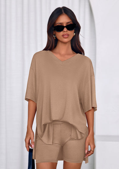 Osonn 2 Piece Sets for Women Summer Lounge Short Set Spring Matching Biker Shorts V Neck Oversized Shirt Clothing
