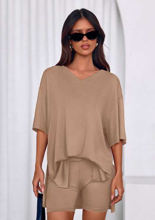 Osonn 2 Piece Sets for Women Summer Lounge Short Set Spring Matching Biker Shorts V Neck Oversized Shirt Clothing