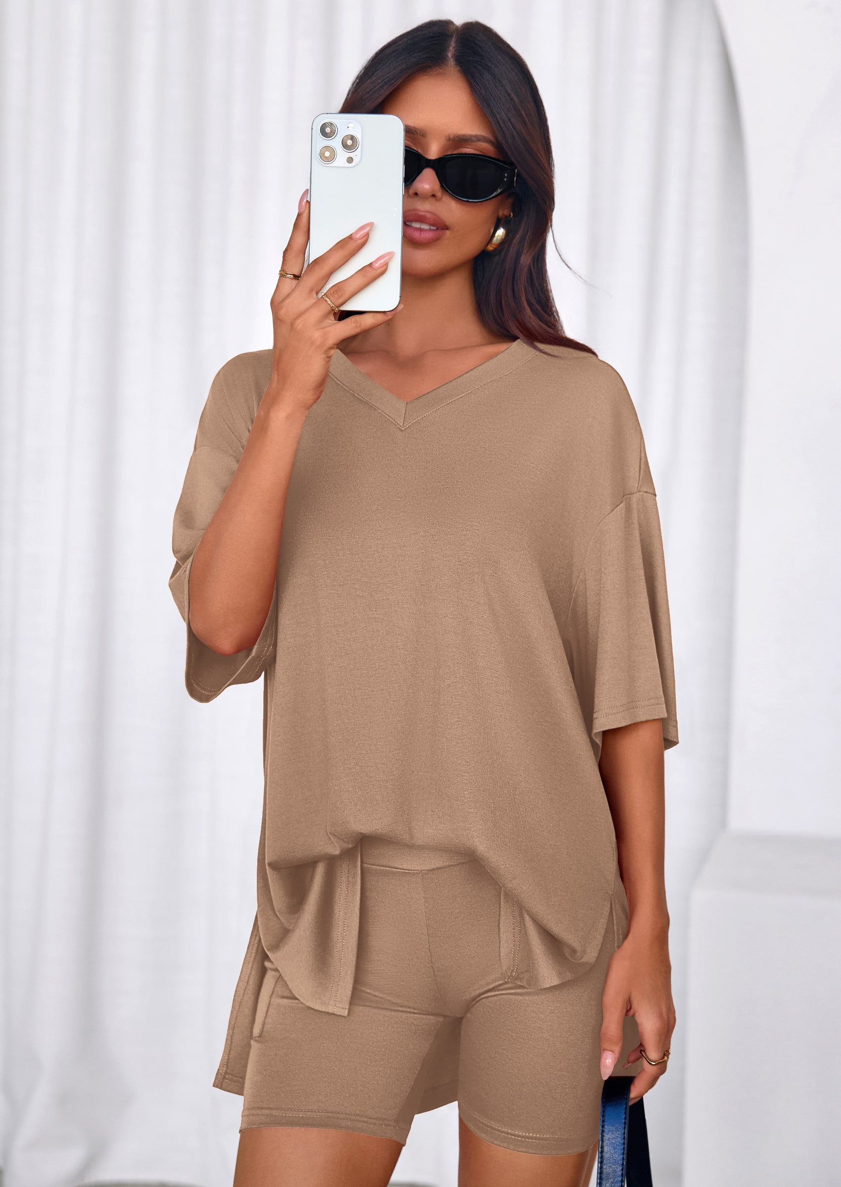 Osonn 2 Piece Sets for Women Summer Lounge Short Set Spring Matching Biker Shorts V Neck Oversized Shirt Clothing
