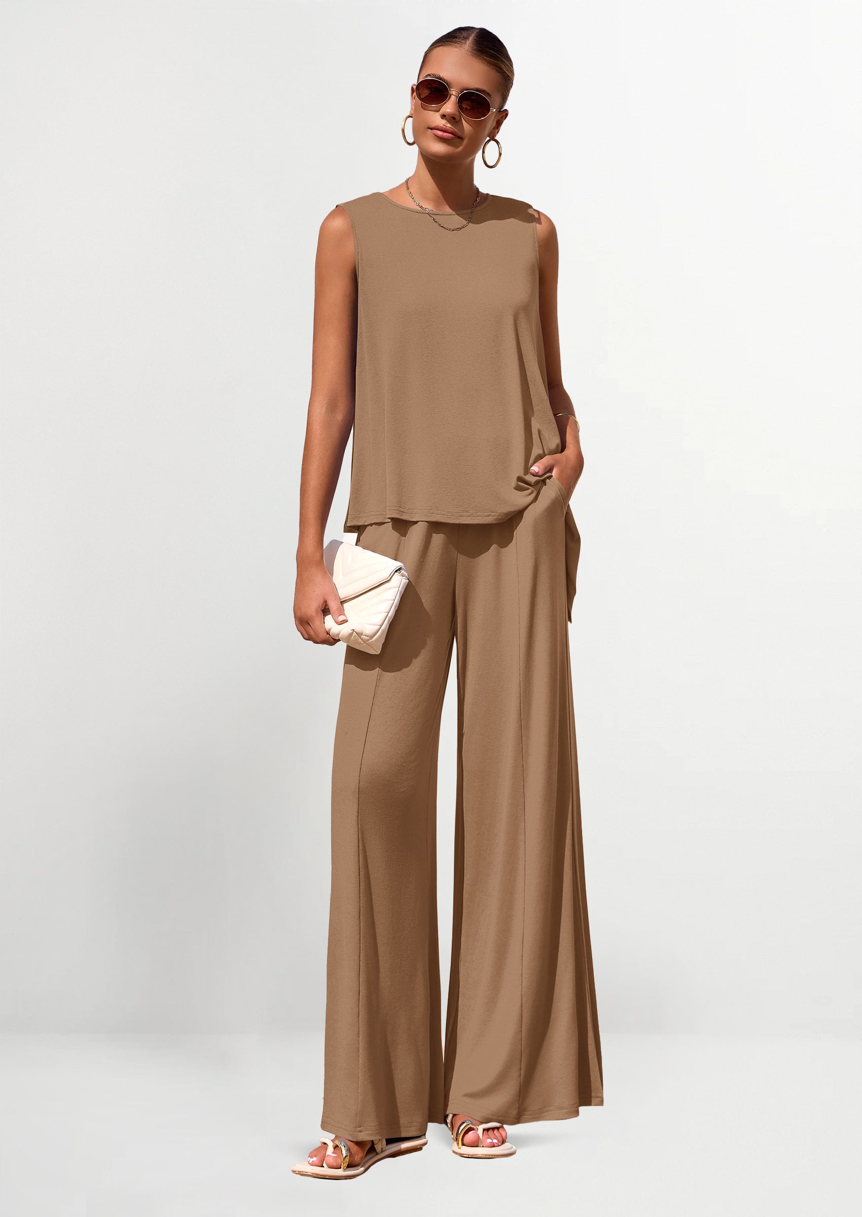 Osonn Women's Two Piece Matching Lounge Sets Asymmetrical Split Tank Tops Wide Leg Pants Summer Outfits Tracksuit