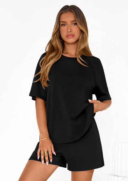 Osonn Women's 2 Piece Lounge Sets Short Sleeve Shirts Casual Tops Shorts Matching Clothing Summer Airport Outfits