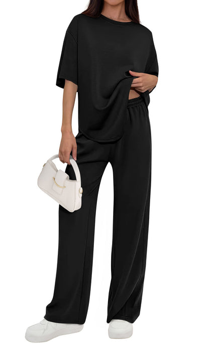 Osonn Women's Summer 2 Piece Lounge Set Short Sleeve Tops Wide Leg Pants Spring Vacation Travel Outfits Clothes