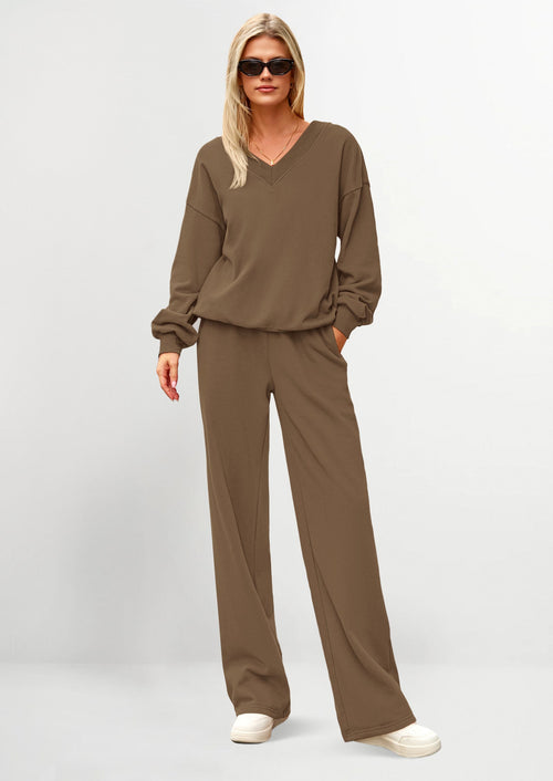 Osonn Casual Winter Two Piece Sets for Women V Neck Sweatshirt Loose Wide Leg Pants Tracksuit Knit Fall Outfits