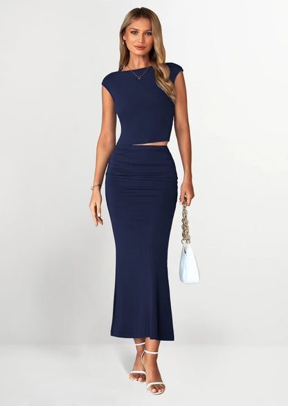 Osonn Summer 2 Piece Sets for Women Going Out Casual Cap Sleeve Crop Tops Ruched Maxi Long Skirts Spring Outfits