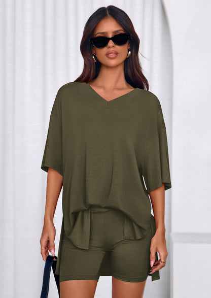 Osonn 2 Piece Sets for Women Summer Lounge Short Set Spring Matching Biker Shorts V Neck Oversized Shirt Clothing