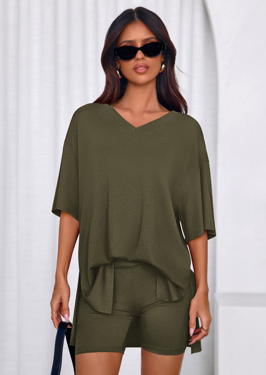 Osonn 2 Piece Sets for Women Summer Lounge Short Set Spring Matching Biker Shorts V Neck Oversized Shirt Clothing
