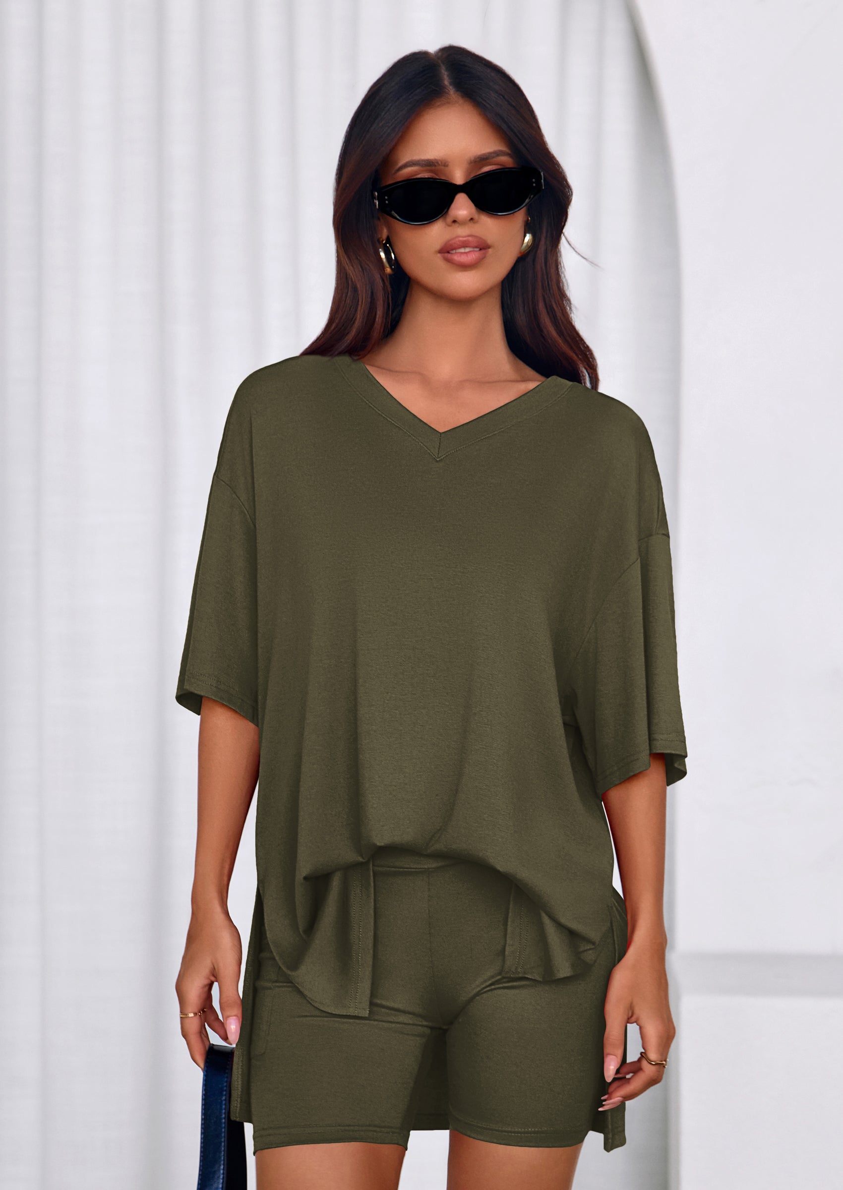 Osonn 2 Piece Sets for Women Summer Lounge Short Set Spring Matching Biker Shorts V Neck Oversized Shirt Clothing