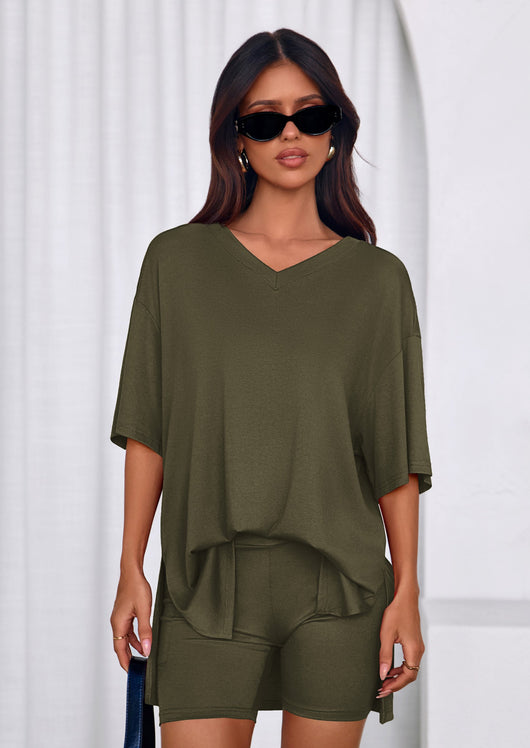Osonn 2 Piece Sets for Women Summer Lounge Short Set Spring Matching Biker Shorts V Neck Oversized Shirt Clothing