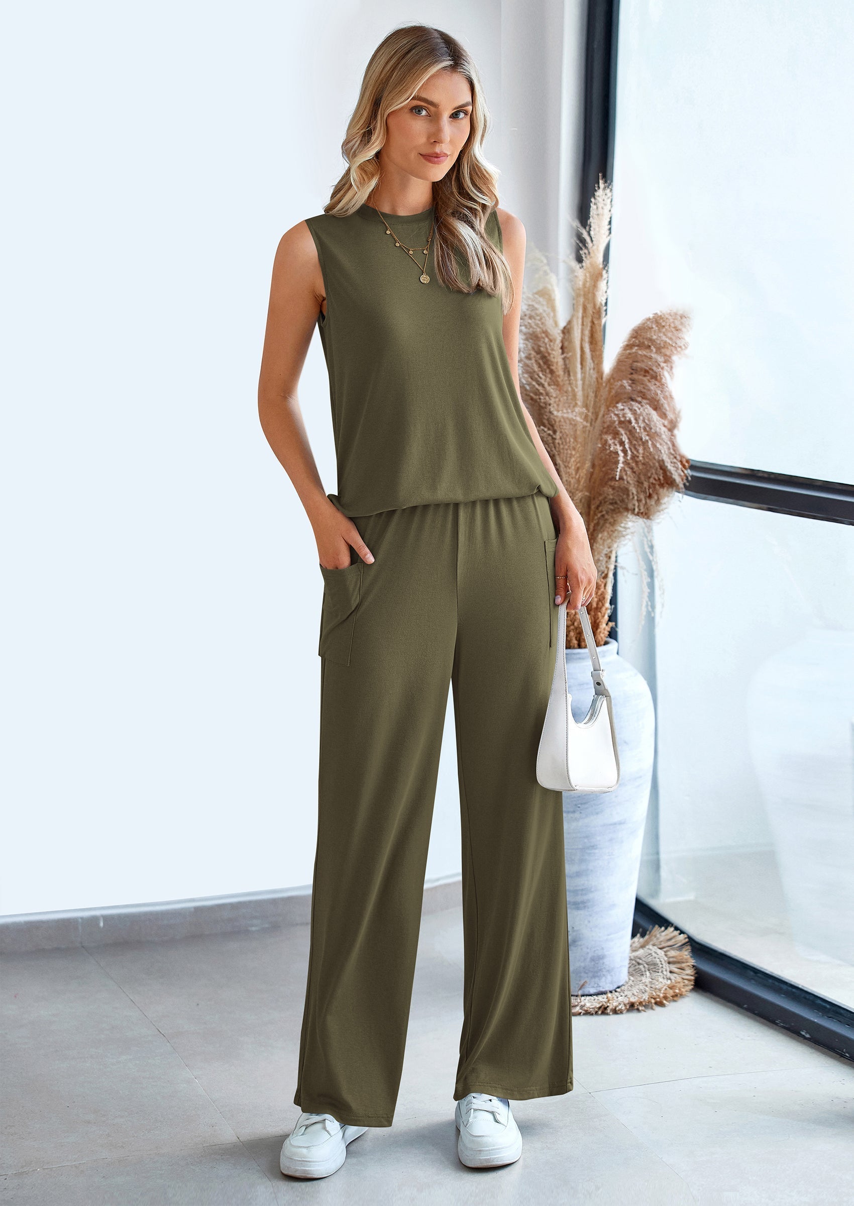 Osonn 2 Piece Set Loose Tank Top Wide Leg Pants Casual Matching Outfits Tracksuit
