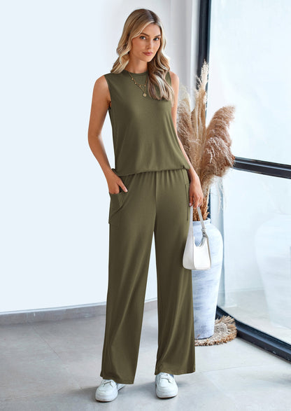 Osonn 2 Piece Set Loose Tank Top Wide Leg Pants Casual Matching Outfits Tracksuit