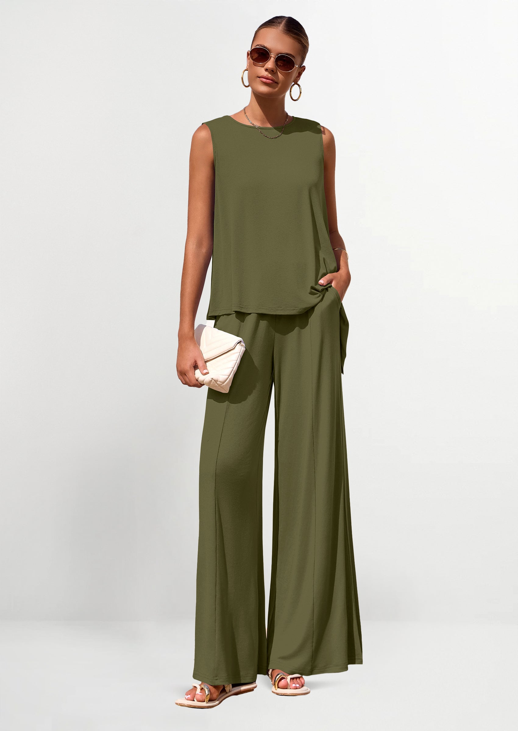 Osonn Women's Two Piece Matching Lounge Sets Asymmetrical Split Tank Tops Wide Leg Pants Summer Outfits Tracksuit