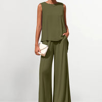 Osonn Women's Two Piece Matching Lounge Sets Asymmetrical Split Tank Tops Wide Leg Pants Summer Outfits Tracksuit