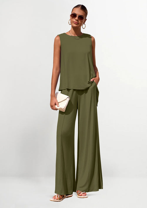 Osonn Women's Two Piece Matching Lounge Sets Asymmetrical Split Tank Tops Wide Leg Pants Summer Outfits Tracksuit