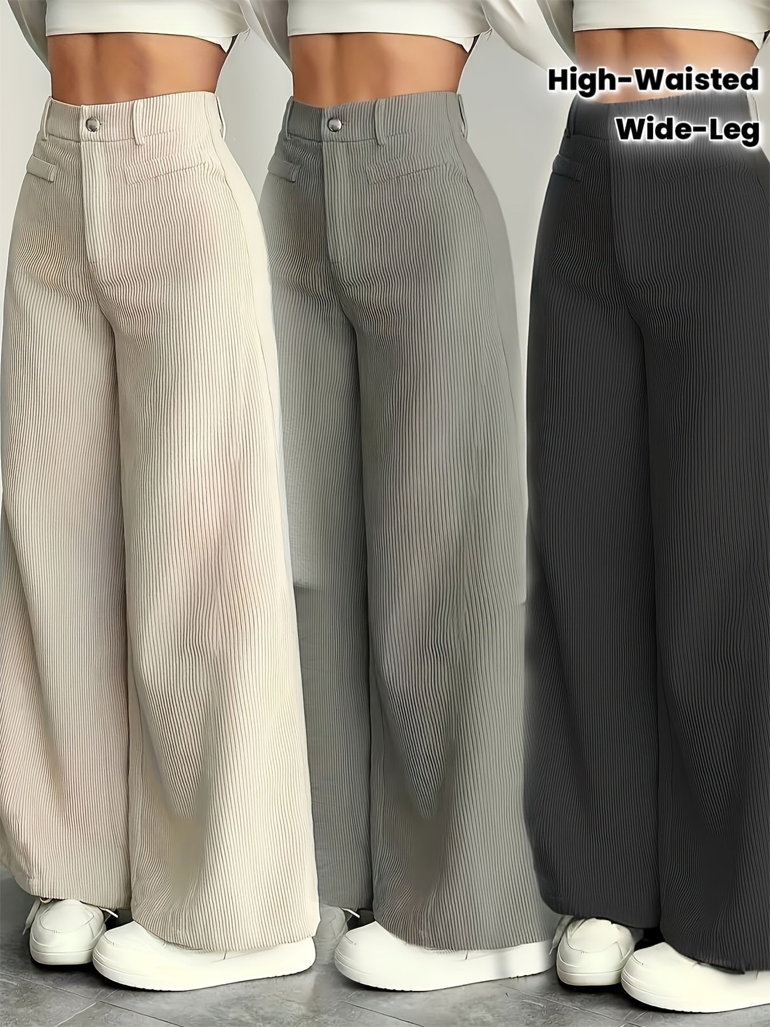 Calças de Cintura Subida e Perna Larga com Orelhas de Gato MS25072820 para Mulher - Calças Casuais com Textura de Bombazine, Conforto para Todas as Estações, Conjunto de Três Peças de Calças Bege Laváveis à Máquina