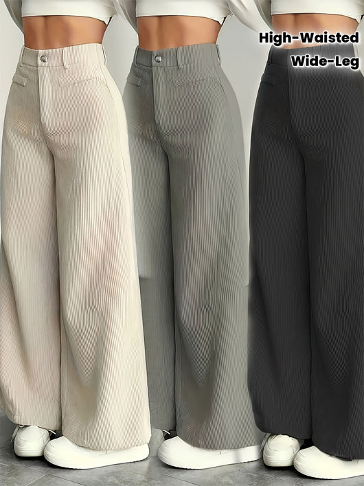Calças de Cintura Subida e Perna Larga com Orelhas de Gato MS25072820 para Mulher - Calças Casuais com Textura de Bombazine, Conforto para Todas as Estações, Conjunto de Três Peças de Calças Bege Laváveis à Máquina
