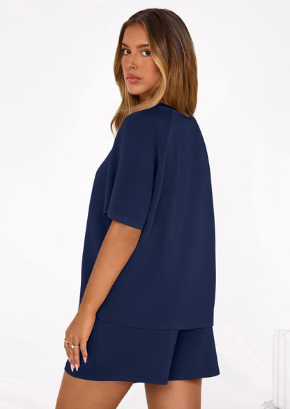Osonn Women's 2 Piece Lounge Sets Short Sleeve Shirts Casual Tops Shorts Matching Clothing Summer Airport Outfits